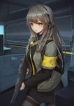  armband backpack bag bangs black_legwear black_skirt girls_frontline grey_hair gun h&amp;k_ump hairband headset heckler_&amp;_koch highres holding holding_gun holding_weapon indoors jacket liu_lan long_hair long_sleeves looking_at_viewer open_clothes open_jacket pantyhose parted_lips pencil_skirt sidelocks skirt solo submachine_gun suppressor thighband_pantyhose tsurime ump40_(girls_frontline) walkie-talkie weapon yellow_eyes 