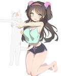  bangs barefoot black_hair black_shorts blue_eyes blush breasts cat cleavage eyebrows_visible_through_hair gym_shorts hairband holding holding_cat kneeling large_breasts legs_together long_hair longcat looking_at_viewer loungewear muloli navel open_mouth original shorts simple_background smile solo swept_bangs tank_top thighs two_side_up white_background 