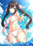  bangs bikini black_hair blue_sky blush breasts cleavage cloud collarbone commentary_request day front-tie_top green_eyes hair_ribbon large_breasts long_hair looking_at_viewer navel open_mouth original outdoors ribbon side-tie_bikini sky smile solo splashing standing swimsuit twintails wading water wet white_bikini yomono 