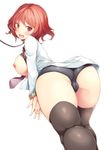  1girl alone ass bent_over blush cameltoe hips horikawa_raiko looking_at_viewer looking_back neck_tie open_mouth panties pantyhose red_eyes red_hair short_hair solo thighs tie tongue touhou white_background 