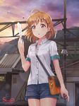  :o ahoge artist_name bag bangs blush braid collared_shirt commentary_request cowboy_shot dated hair_bobbles hair_ornament hairclip highres holding_feather love_live! love_live!_sunshine!! orange_hair power_lines red_eyes shamakho shirt short_sleeves shorts shoulder_bag side_braid solo spoilers sunset takami_chika train_station white_feathers 