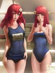  bangs bare_shoulders blue_swimsuit blunt_bangs blush breasts cleavage devola flower green_eyes hair_flower hair_ornament hime_cut large_breasts limgae long_hair looking_at_viewer medium_breasts multiple_girls nier_(series) nier_automata one-piece_swimsuit popola red_hair school_swimsuit siblings sisters smile swimsuit 