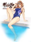  arm_support bangs barefoot blush breasts brown_eyes collarbone competition_swimsuit covered_navel covered_nipples eyebrows_visible_through_hair full_body gang_of_heaven goggles goggles_on_head highres logo long_hair looking_at_viewer masami_chie medium_breasts official_art one-piece_swimsuit orange_hair parted_lips pool poolside simple_background sitting solo swimsuit water wet 