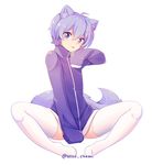  :3 :p ahoge animal_ears bottomless cat_ears cat_tail cookie_run full_body lavender_hair long_sleeves looking_at_viewer male_focus peppermint_cookie personification purple_eyes sleeves_past_wrists smile solo tail thighhighs tongue tongue_out twitter_username white_legwear yoyochaan 