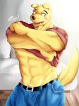  2016 abs anthro bed canine clothing dog fur green_eyes hi_res inside jeans male mammal muscular muscular_male nipples open_mouth pants pecs shirt smile solo standing teeth undressing yellow_fur zupat 
