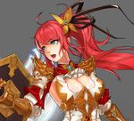 armor black_ribbon blue_eyes blush breasts cleavage dungeon_and_fighter eyebrows_visible_through_hair hair_ribbon kit_park knight_(dungeon_and_fighter) large_breasts long_hair looking_away open_mouth paladin_(dungeon_and_fighter) ponytail red_hair ribbon shield solo 