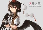  akaiha_(akaihasugk) black_hair camera collared_shirt commentary_request feathered_wings hat md5_mismatch neck_ribbon pointy_ears pom_pom_(clothes) red_eyes ribbon shameimaru_aya shirt short_hair short_sleeves smile solo tokin_hat touhou translated wings 