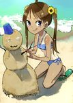  :3 :q beach bikini blue_bikini blue_eyes brown_hair bucket commentary day flat_chest flip-flops flower hair_flower hair_ornament highres kneeling long_hair looking_at_viewer one-piece_tan original outdoors saitou_yuu sand sand_sculpture sandals seashell shell snowman solo starfish striped striped_bikini swimsuit tan tanline tongue tongue_out twintails v-shaped_eyebrows water 