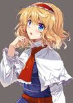  alice_margatroid bangs blonde_hair blue_dress blue_eyes blush capelet dress e.o. eyebrows_visible_through_hair hairband lolita_hairband long_sleeves looking_at_viewer parted_lips short_hair simple_background solo touhou upper_body white_capelet 