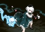  bangs blunt_bangs bow fighting_stance flower ghost hair_bow katana konpaku_youmu konpaku_youmu_(ghost) looking_at_viewer red_eyes seeker short_hair skirt skull solo sword touhou vest weapon white_hair 