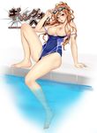  arm_support bangs bare_shoulders barefoot breasts brown_eyes collarbone commentary_request competition_swimsuit full_body gang_of_heaven goggles goggles_on_head highres logo long_hair masami_chie medium_breasts nipples official_art one-piece_swimsuit orange_hair parted_lips poolside simple_background sitting solo swimsuit swimsuit_pull wet 