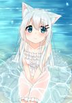 animal_ears bare_arms bare_shoulders between_legs blue_eyes blush cacao_(chocolat) cat_ears chocola_(cacao) collarbone commentary_request dress eyebrows_visible_through_hair from_above hair_between_eyes hair_ornament hairclip hand_between_legs highres long_hair looking_at_viewer original shallow_water silver_hair sitting smile solo sundress v_arms very_long_hair water water_drop wet wet_clothes wet_dress wet_hair white_dress 