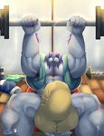  2017 5_fingers abs anthro armpit_hair balls big_balls big_penis blue_eyes bulge canine exercise front_view fur hair hi_res huge_balls huge_penis hyper hyper_balls hyper_penis inside looking_at_viewer male mammal muscular muscular_male penis purple_hair signature solo vein weightlifting weights workout zupat 