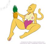  2017 anthro badgengar barefoot breasts clothed clothing digital_media_(artwork) exposed_breasts eyes_closed feline female food fruit fur katia_managan khajiit mammal navel nipples pineapple pose prequel puffy_nipples simple_background solo spread_legs spreading swimsuit the_elder_scrolls undressing video_games webcomic white_background yellow_fur zokva 