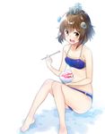  :d amami_amayu bangs bare_arms bare_legs bare_shoulders barefoot bikini blue_bikini blush bowl breasts brown_eyes brown_hair collarbone commentary_request eyebrows_visible_through_hair halter_top halterneck headgear holding holding_bowl kantai_collection knees_together_feet_apart looking_at_viewer medium_breasts open_mouth shaved_ice short_hair simple_background sitting small_breasts smile solo swimsuit toenails toes upper_teeth white_background yukikaze_(kantai_collection) 