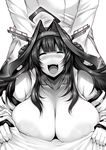  1girl absurdres admiral_(kantai_collection) areolae bare_shoulders bed bed_sheet blush breasts cleavage closed_eyes collarbone doggystyle double_bun greyscale hair_intakes happy_sex headgear hetero highres huge_breasts kantai_collection kongou_(kantai_collection) long_hair lying monochrome navel nipples nontraditional_miko on_back on_bed sex smile sweat tsukasawa_takamatsu 