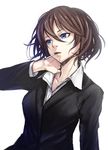  bangs black_suit blue_eyes breasts business_suit cigarette commentary_request formal hair_between_eyes hand_on_own_neck head_tilt highres large_breasts looking_away original short_hair simple_background sketch smoking solo sugi_214 suit upper_body white_background 