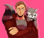  ... 2015 anthro brown_eyes brown_hair clothed clothing digital_media_(artwork) duo front_view frown fully_clothed fur green_eyes guardians_of_the_galaxy hair human jacket male mammal marvel multicolored_fur peter_quill pink_background raccoon ringed_tail rocket_raccoon shirt simple_background size_difference sssonic2 standing stare sweat 