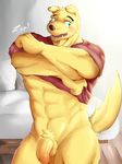 2016 abs anthro balls bed canine clothing dog flaccid fur green_eyes hi_res inside jeans male mammal muscular muscular_male nipples open_mouth pants pecs penis shirt smile solo standing teeth undressing vein yellow_fur zupat 