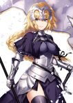  arisaka_ako armor blonde_hair blue_eyes blurry braid breasts chain cowboy_shot depth_of_field eyebrows_visible_through_hair fate/apocrypha fate_(series) flag gauntlets hair_between_eyes hair_ribbon headpiece impossible_clothes impossible_shirt jeanne_d'arc_(fate) jeanne_d'arc_(fate)_(all) light_smile long_hair medium_breasts parted_lips petals polearm purple_legwear ribbon shirt side_slit simple_background single_braid solo sword thighhighs tsurime turtleneck underbust very_long_hair weapon white_background 