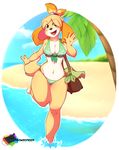  2017 animal_crossing anthro beach bikini black_nose blonde_hair breasts canine clothed clothing dog female hair hi_res isabelle_(animal_crossing) looking_at_viewer mammal navel nintendo open_mouth palm_tree rainbowscreen seaside shih_tzu solo swimsuit tree video_games 