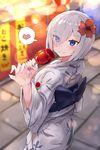  blue_eyes blurry blurry_background blush candy_apple flower food hair_flower hair_ornament hair_over_one_eye hamakaze_(kantai_collection) heart highres holding holding_food japanese_clothes kantai_collection kimono obi red_flower sash short_hair silver_hair smile solo spoken_heart xenonstriker yukata 