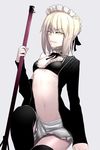  apron artoria_pendragon_(all) artoria_pendragon_(swimsuit_rider_alter) black_legwear blonde_hair breasts cleavage fate/grand_order fate/stay_night fate_(series) grin highres i-pan jacket looking_at_viewer maid_headdress navel pale_skin small_breasts smile solo yellow_eyes 