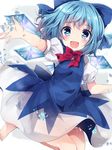  :d barefoot blue_bow blue_dress blue_eyes blue_hair blue_wings bow cirno dress hair_bow heart heart-shaped_pupils ice ice_wings open_mouth puffy_short_sleeves puffy_sleeves red_ribbon ribbon short_hair short_sleeves smile solo symbol-shaped_pupils toes touhou uguisu_mochi_(ykss35) wings 