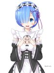  :d blue_eyes blue_hair breasts cleavage commentary_request detached_sleeves hair_over_one_eye highres looking_at_viewer maid maid_headdress medium_breasts open_mouth re:zero_kara_hajimeru_isekai_seikatsu rem_(re:zero) short_hair simple_background smile solo twitter_username white_background yuuki_kazuhito 