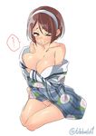  bangs bare_legs bare_shoulders barefoot blush breasts brown_eyes brown_hair cleavage closed_mouth collarbone covering covering_crotch cropped_legs ebifurya eyebrows_visible_through_hair floral_print hair_between_eyes hairband highres japanese_clothes kantai_collection kimono large_breasts long_sleeves looking_at_viewer natori_(kantai_collection) no_panties off_shoulder one_eye_closed print_kimono short_hair simple_background sitting solo speech_bubble tears thigh_gap twitter_username white_background white_hairband yokozuwari 