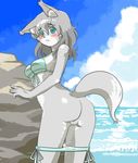  ass bikini_pull from_behind furry grey_hair kinshun76501 long_hair open_mouth pussy swimsuit teal_eyes wolf 