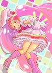  ;q animal_ears boots bow bunny_ears cake_hair_ornament copyright_name cure_whip extra_ears food_themed_hair_ornament gloves hair_ornament jj_(ssspulse) kirakira_precure_a_la_mode knee_boots long_hair magical_girl multicolored multicolored_background one_eye_closed petticoat pink_bow pink_eyes pink_footwear pink_hair precure skirt solo tongue tongue_out twintails usami_ichika white_gloves 