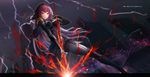  bangs blurry bodysuit commentary_request depth_of_field fate/grand_order fate_(series) gae_bolg highres kneeling long_hair one_knee parted_lips pauldrons purple_hair red_eyes scathach_(fate)_(all) scathach_(fate/grand_order) solo veil very_long_hair wangchuan_de_quanyan 