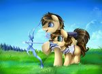  arrow blue_eyes bow brown_hair cutie_mark detailed_background equine fan_character grass green_eyes hair holding_object holding_weapon mammal my_little_pony pridark smile weapon 