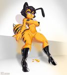  2017 antennae anthro areola arthropod bee big_breasts black_hair black_nipples black_pussy black_skin boots breasts clothing dclzexon eyewear female footwear glasses hair hi_res high_heels honey insect lactating legwear nipples nude purple_eyes pussy shoes short_hair sitting small_waist solo stinger stripes teeth thick_thighs thigh_high_boots wide_hips wings yellow_skin 