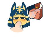  2017 animal_crossing ankha anthro bandage blush cat cheek_bulge cum cum_in_mouth cum_inside digital_media_(artwork) disembodied_penis egyptian ejaculation faceless_male feline fellatio female fur half-closed_eyes hi_res human human_on_anthro humanoid_penis internal interspecies m0n1e makeup male male/female mammal nintendo oral orgasm penis saliva sex simple_background tongue video_games white_background yellow_fur 