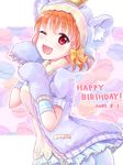  ;d animal_hood bangs birthday bow braid dated english fang fur_jacket gloves hair_bow happy_birthday highres hood hood_up hoodie looking_at_viewer love_live! love_live!_sunshine!! macaron_background one_eye_closed open_mouth orange_hair paw_gloves paw_pose paws pipette1223 red_eyes ribbon short_hair side_braid smile solo takami_chika yellow_bow 