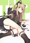 arm_support ass bangs black_legwear black_leotard blush bow breasts brown_hair cat_ear_headphones character_name closed_mouth commentary girls_frontline green_bow green_eyes green_ribbon hand_up headphones highres kneehighs legs leotard long_hair looking_at_viewer lying magazine_(weapon) on_side ribbon sh_(562835932) sidelocks small_breasts solo tail tail_bow tail_ribbon thigh_strap thighs tmp_(girls_frontline) 