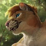  anthro caraid fangs feline forest fur hair looking_at_viewer male mammal open_mouth solo teeth tree whiskers 