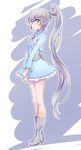  blue_dress blue_eyes boots check_commentary commentary commentary_request dress high_heel_boots high_heels highres iesupa long_hair ponytail prototype rwby solo very_long_hair weiss_schnee white_footwear white_hair 