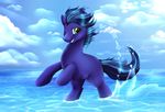  blue_hair day detailed_background equine fan_character green_eyes hair mammal my_little_pony pridark smile water 