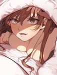  ashigara_(kantai_collection) blush breast_press breasts brown_eyes brown_hair chromatic_aberration cleavage comforter commentary fangs fingernails hair_between_eyes ikarin kantai_collection looking_at_viewer lying medium_breasts on_stomach smile solo under_covers 