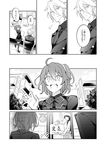  2girls ahoge alternate_costume arms_up comic eyebrows_visible_through_hair fate/apocrypha fate/grand_order fate_(series) fujimaru_ritsuka_(female) greyscale hair_between_eyes hair_ornament hair_over_shoulder hair_scrunchie iincho_(airi8751) karna_(fate) long_sleeves low_ponytail monochrome multiple_girls one_side_up plaid plaid_skirt pleated_skirt school_uniform scrunchie side_ponytail sitting skirt speech_bubble thighhighs translation_request 