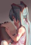  1girl aqua_eyes aqua_hair bare_shoulders covering_mouth from_side hair_ornament hand_over_own_mouth hatsune_miku holding holding_paper knees_together knees_up long_hair nail_polish nejikyuu paper reading shoulder_tattoo solo tattoo thighhighs twintails vocaloid 