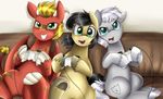  black_hair blonde_hair blue_eyes cutie_mark detailed_background equine fan_character green_eyes group hair holding_controller holding_object hooves mammal my_little_pony pridark smile white_hair 