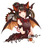  animal_ears bangs black_hair bow bowtie breasts brown_dress dragon_ears dragon_horns dragon_wings dress eyebrows_visible_through_hair gears horns kazuyoshi looking_at_viewer medium_breasts myr_(p&amp;d) open_mouth puzzle_&amp;_dragons red_bow red_eyes red_neckwear short_hair simple_background sleeveless solo upper_body white_background wings 
