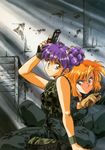  aqua_eyes arm_up boots camouflage double_bun gloves gun handgun highres holding holding_gun holding_weapon long_sleeves looking_at_viewer military military_uniform multiple_girls orange_hair original purple_hair red_eyes serious short_hair sitting sleeves_rolled_up smile squatting uniform urushihara_satoshi weapon wristband 