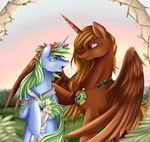  brown_feathers detailed_background duo equine eyelashes fan_character feathered_wings feathers feral green_eyes green_hair hair hooves horn mammal my_little_pony open_mouth pridark teeth tongue winged_unicorn wings 