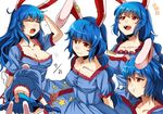  1girl :d :t alternate_hairstyle animal_ears arm_up bangs blue_dress blue_hair breasts bunny_ears cleavage closed_eyes closed_mouth collarbone crescent dated dress eyebrows_visible_through_hair hair_between_eyes hair_down head_bump long_hair medium_breasts multi-tied_hair multiple_views notice_lines open_mouth pout red_eyes sameya seiran_(touhou) short_sleeves simple_background smile star tears touhou twintails white_background yawning 