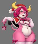  2017 anthro arm_warmers armwear belly blush bottomless bovine bow_tie breasts christmas clothed clothing convenient_censorship eyelashes female fur gift grey_background hair hat hi_res holidays horn legwear lips looking_at_viewer mammal mostly_nude multicolored_fur navel open_mouth pink_eyes pink_fur pink_hair pointy_ears pussy santa_hat simple_background slightly_chubby solo stockings two_tone_fur unknown_artist white_fur wide_hips 